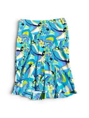 Vintage Funky  Blue Floral & Wave Print Ruffled Silk Skirt